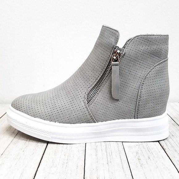 New Gray Perforated Wedge Platform Sneakers - Picture 2 of 5